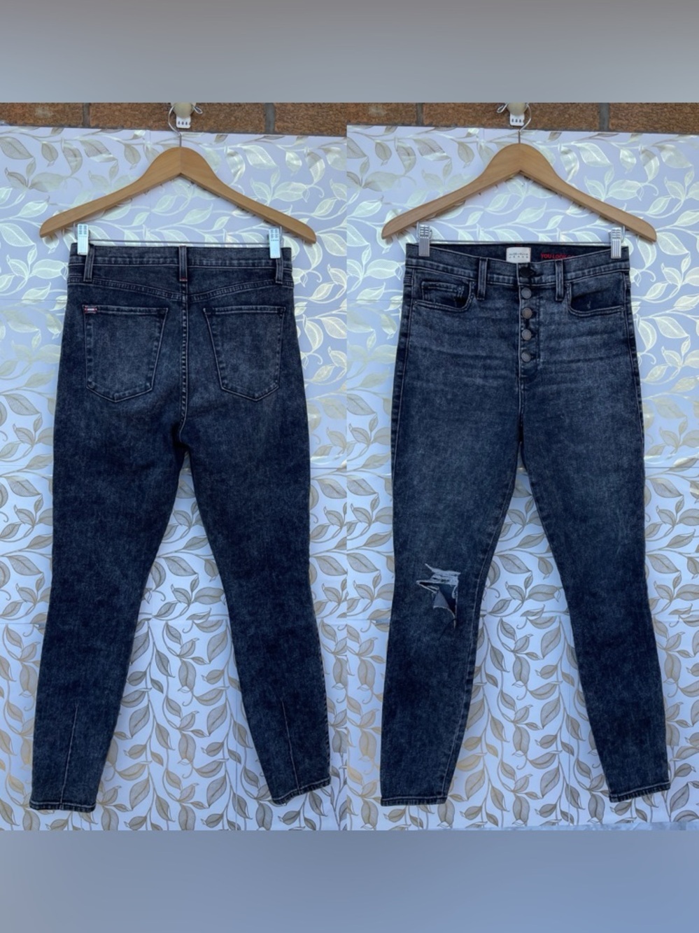 Alice + Olivia Good HR Exposed Button Skinny Jeans Distressed Acid Wash Grey 27
